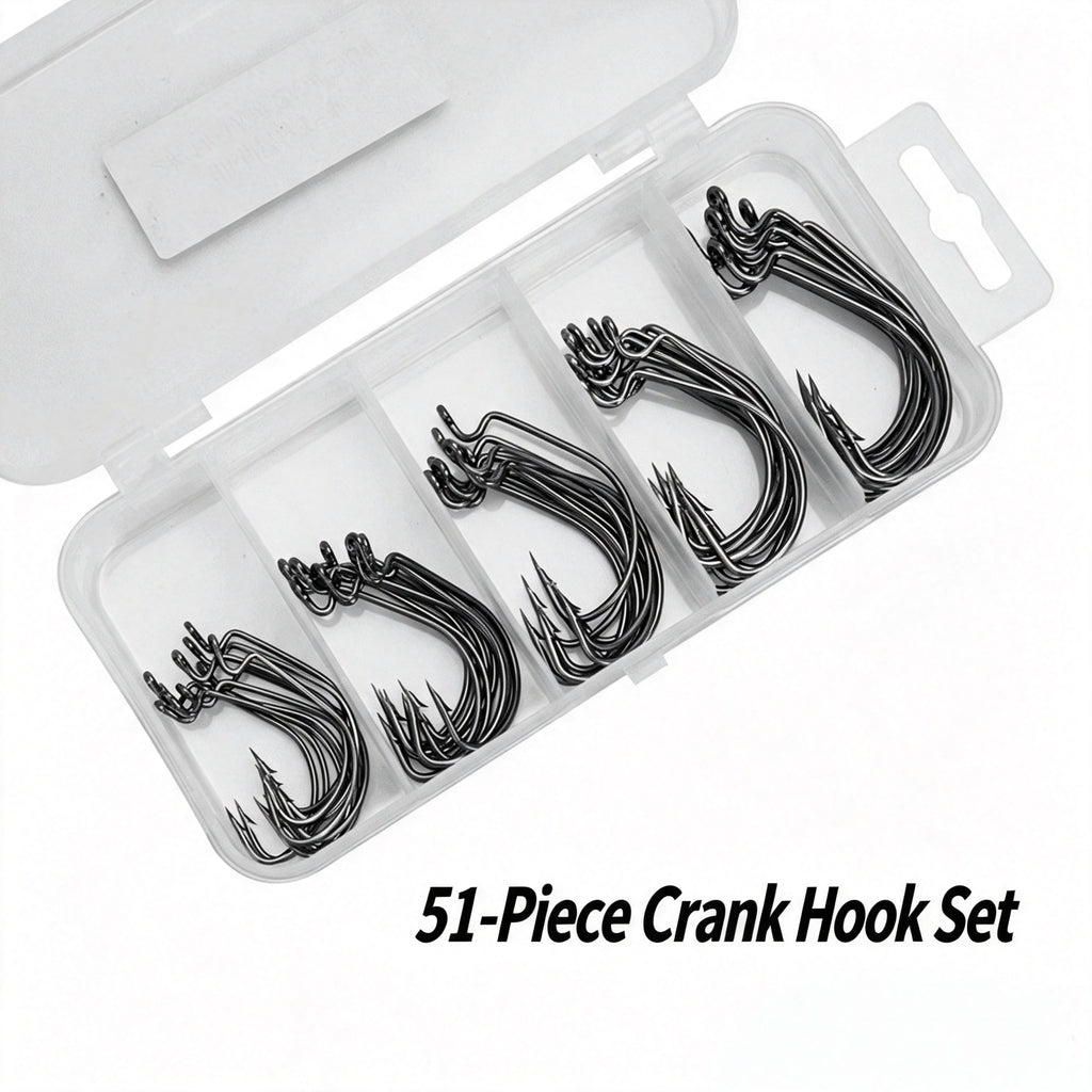 Fishing Hook Set - 51 Pcs Offset Worm Hooks in Small 5-Compartment Box, Wide Gap Bass Hooks for Soft Baits