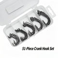 Fishing Hook Set - 51 Pcs Offset Worm Hooks in Small 5-Compartment Box, Wide Gap Bass Hooks for Soft Baits