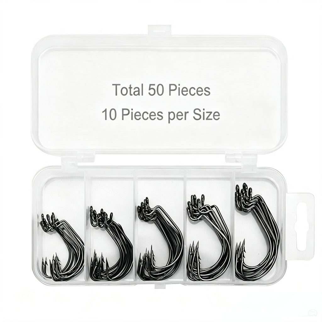 Fishing Hook Set - 51 Pcs Offset Worm Hooks in Small 5-Compartment Box, Wide Gap Bass Hooks for Soft Baits