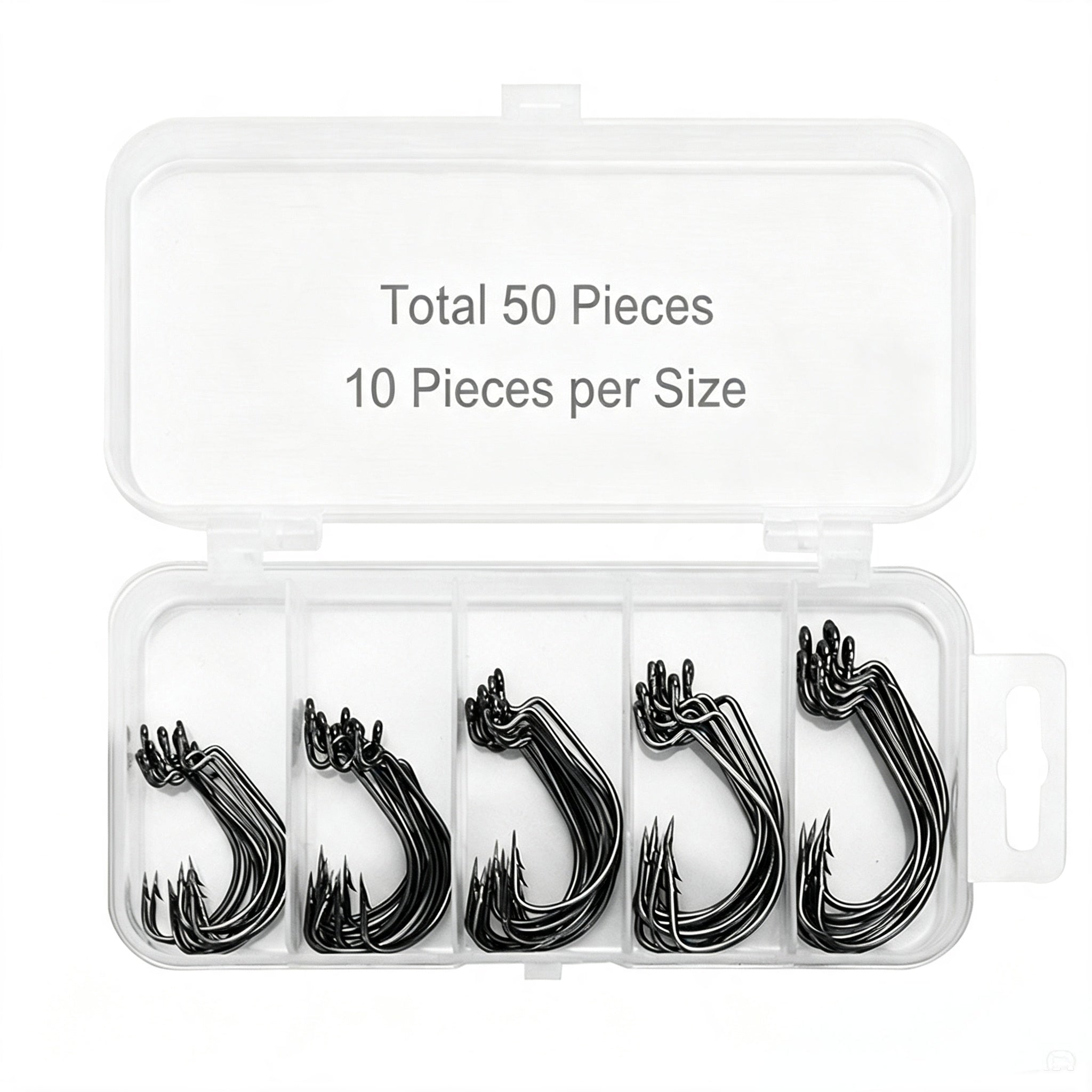 Fishing Hook Set - 51 Pcs Offset Worm Hooks in Small 5-Compartment Box, Wide Gap Bass Hooks for Soft Baits