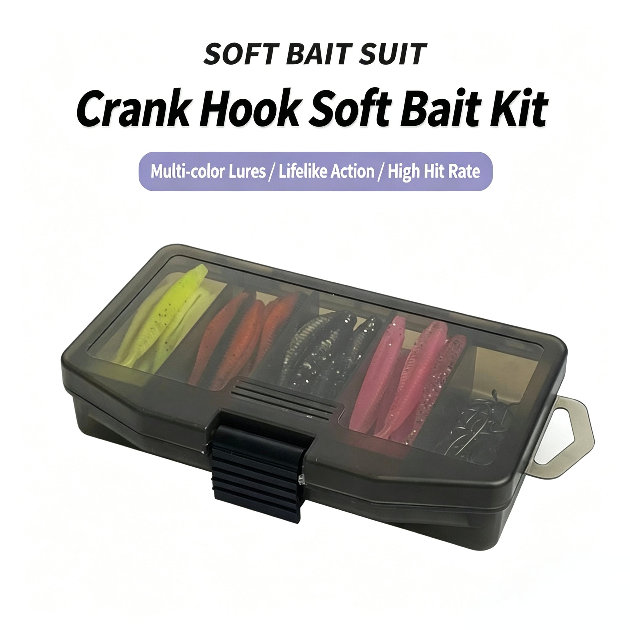 61pcs Soft Fishing Lure Set, Artificial Plastic Worms with Offset Hooks in Tackle Box
