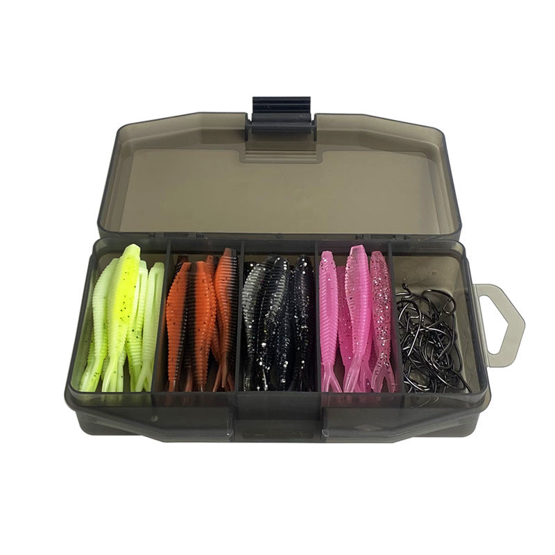 61pcs Soft Fishing Lure Set, Artificial Plastic Worms with Offset Hooks in Tackle Box