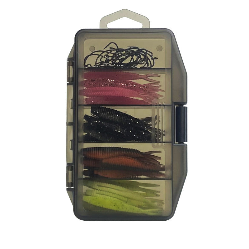 61pcs Soft Fishing Lure Set, Artificial Plastic Worms with Offset Hooks in Tackle Box