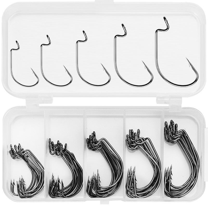 Fishing Hook Set - 51 Pcs Offset Worm Hooks in Small 5-Compartment Box, Wide Gap Bass Hooks for Soft Baits